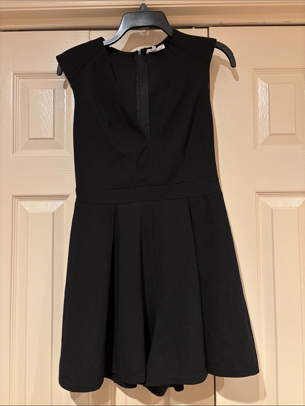 Charlotte Russe Black Cap-Sleeve Romper with Flared Skirt